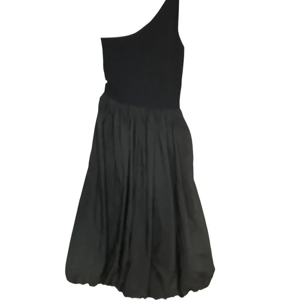 Derek Lam 10 Crosby Dune Balloon Dress One Shoulder Midi Black L